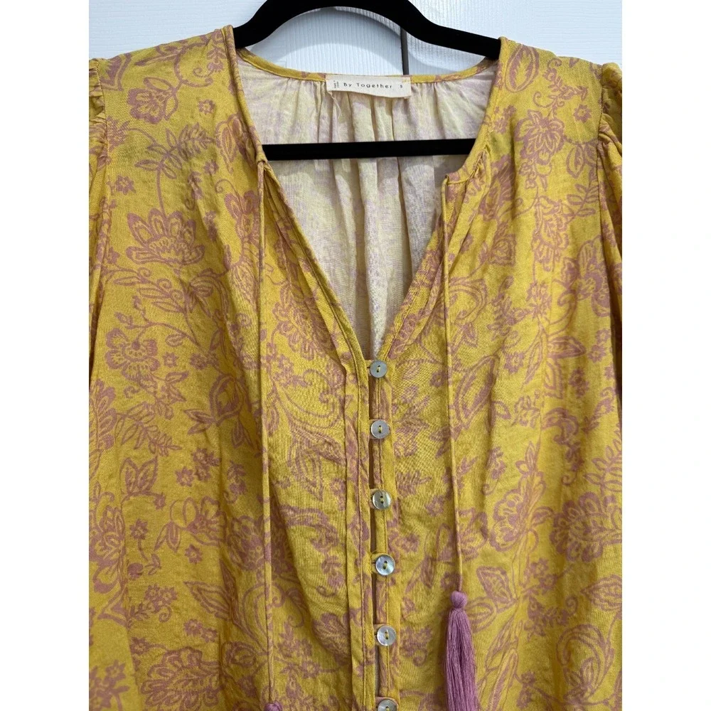 By Together Imogene Paisley Floral Blouse Top Women's Small Yellow Pink Tassels‎ - Picture 2 of 10